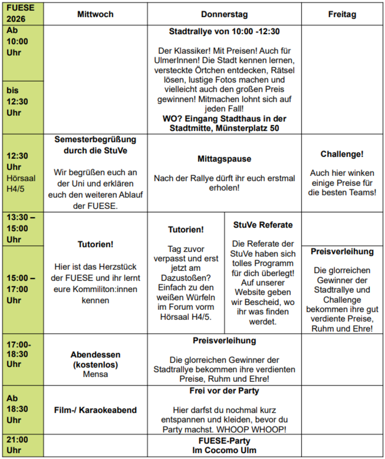 Zeitplan der FUESE 2026